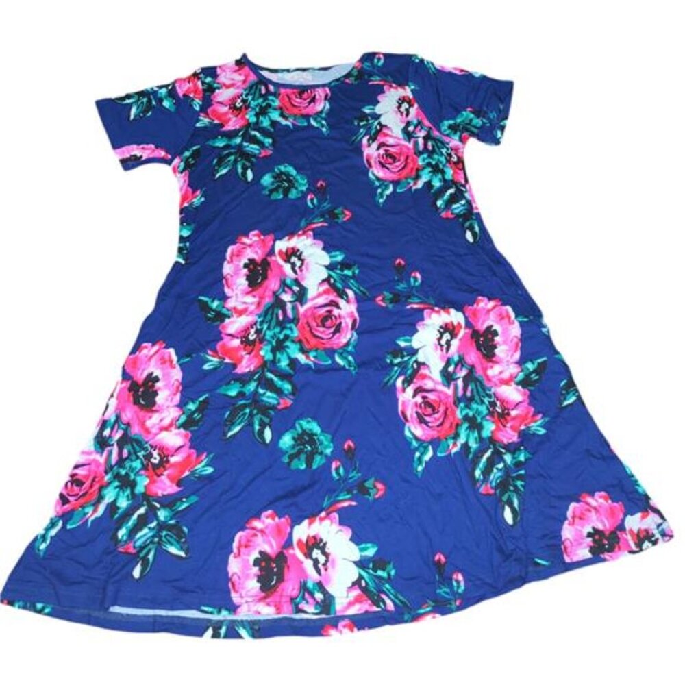 ZWRXW Blue Floral Casual T Shirt Dress with Pockets- Women's S